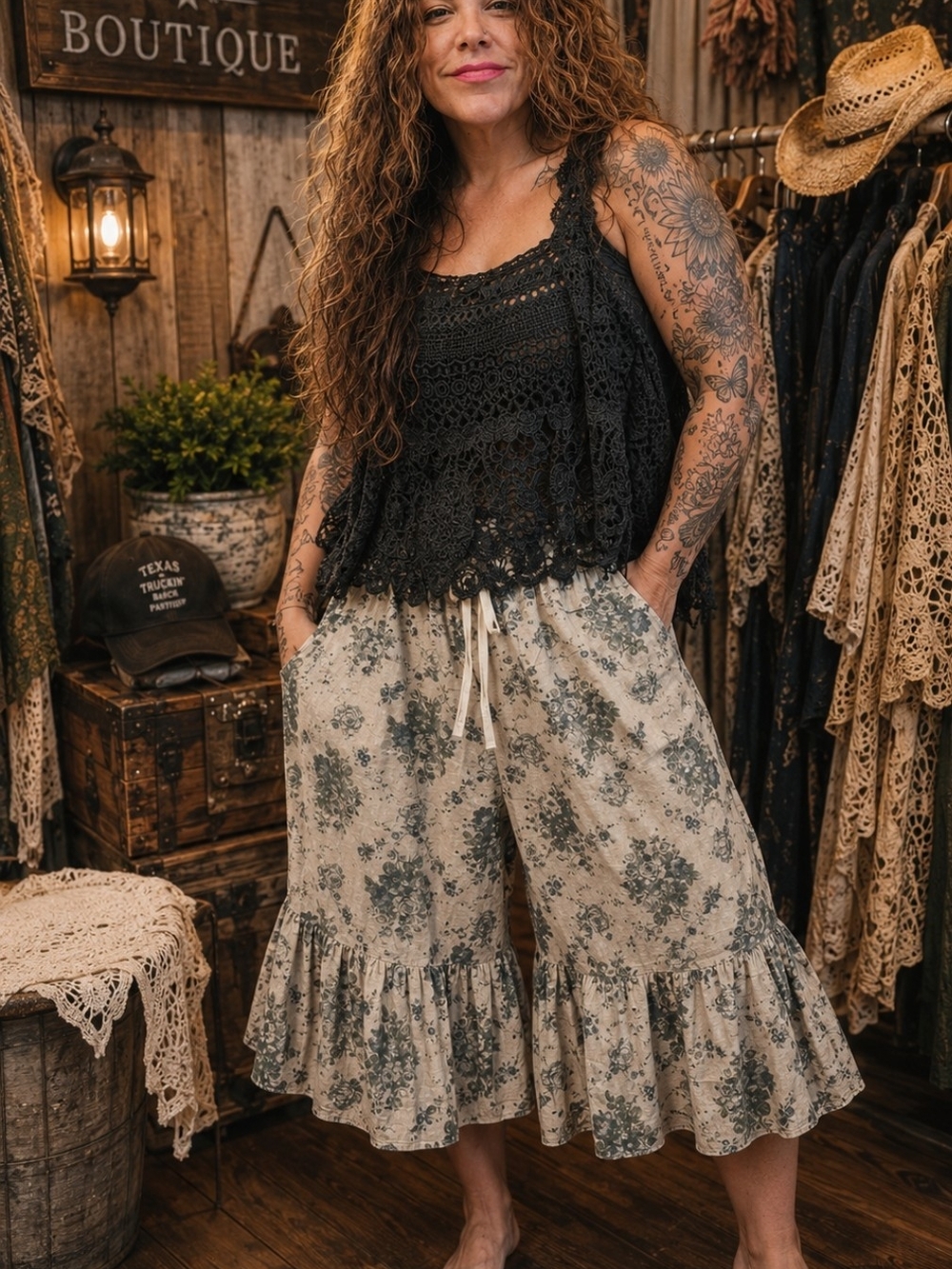 Jaded GYPSY Boho Floral Ruffle Wide-Leg Pants - Black/Cream